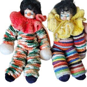 Vintage Crochet Yoyo Clown Dolls Rubber Face Kitchy 12 Inches Set‎ Of 2